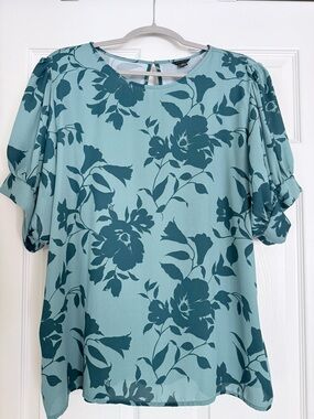 Ann Taylor Floral Mixed-Media Top in Deep Atlantic